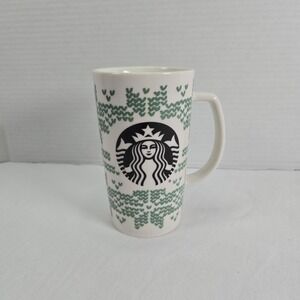 Starbucks Coffee Mug White Green Sweater‎ Knit Tall Latte 16 fl oz 2016